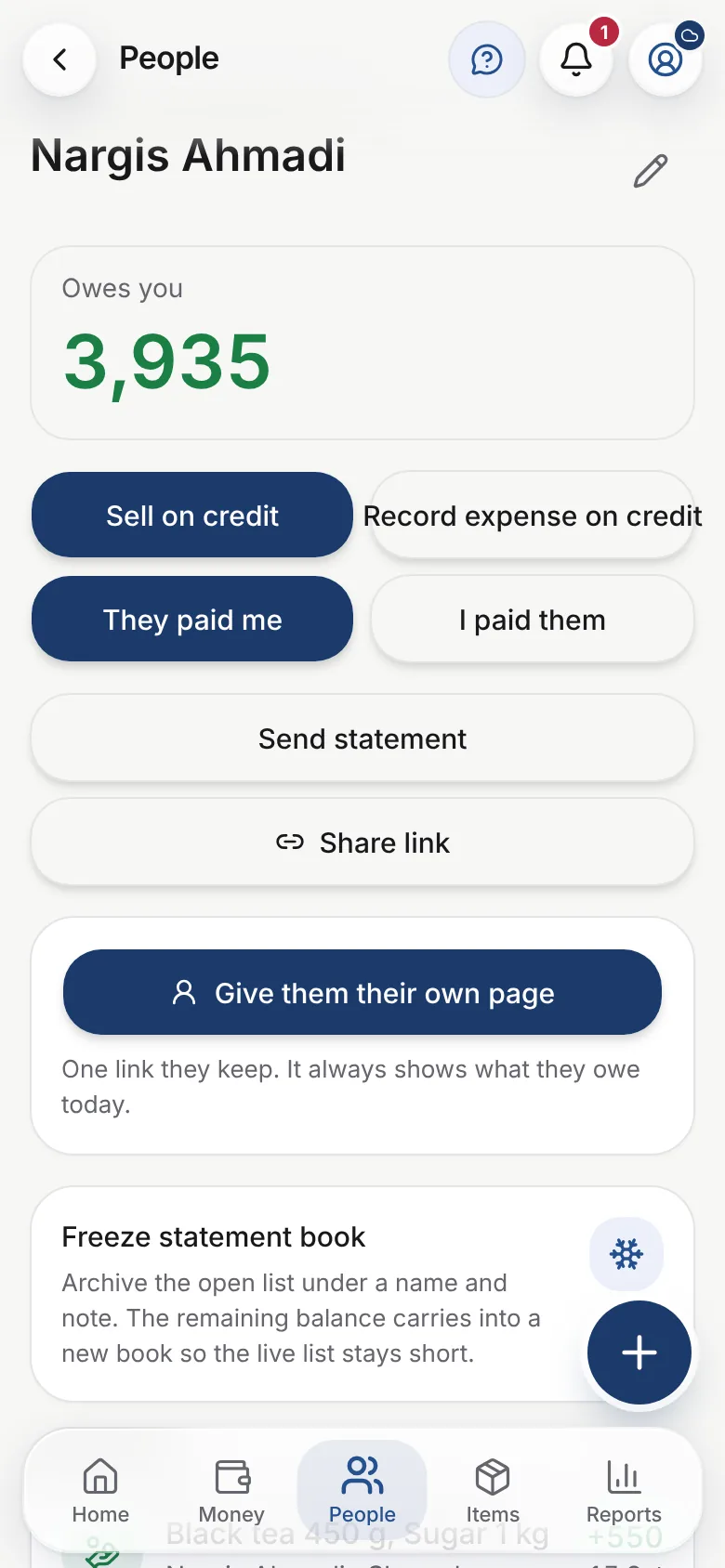 One person's page, with what they owe