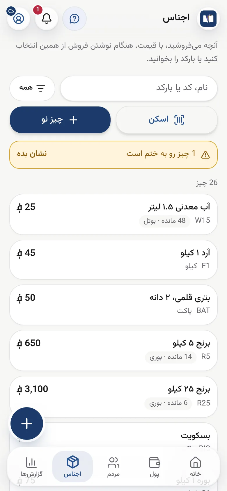 فهرست اجناس دوکان، با آنچه مانده